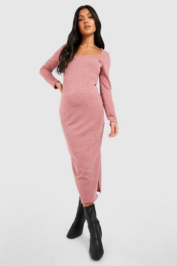 Rose Pink Maternity Square Neck Soft Knit Sweater Dress