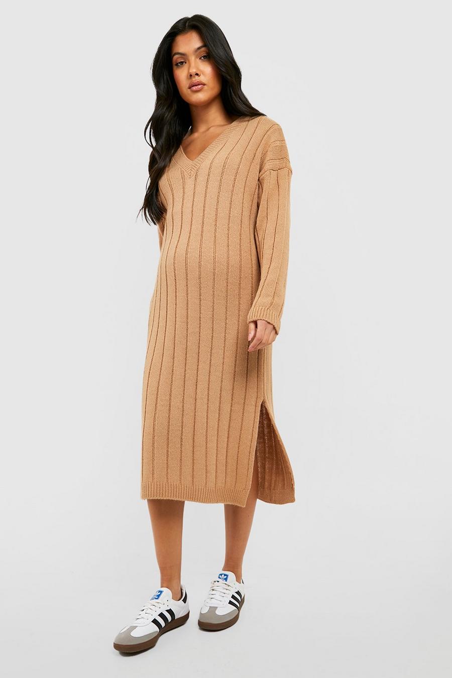 Camel Maternity V Neck Slouchy Knitted Midi Dress image number 1