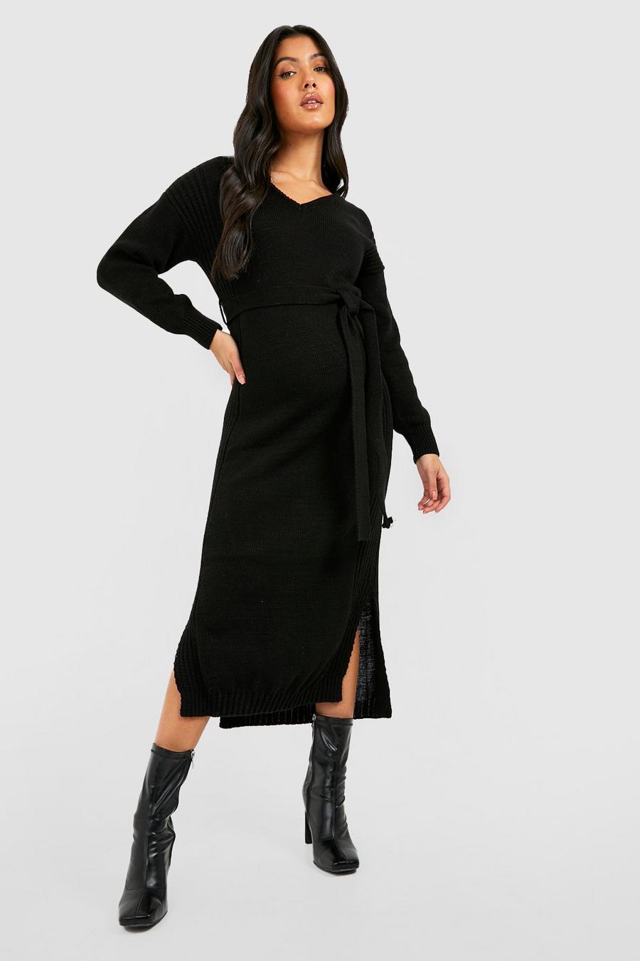 Black Maternity Knitted Split Midi Dress image number 1