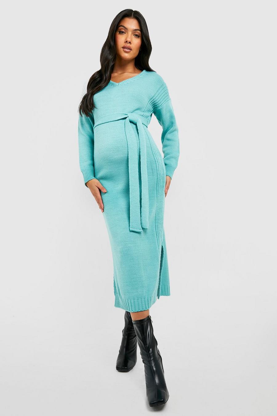 Green Maternity Knitted Split Midi Dress image number 1
