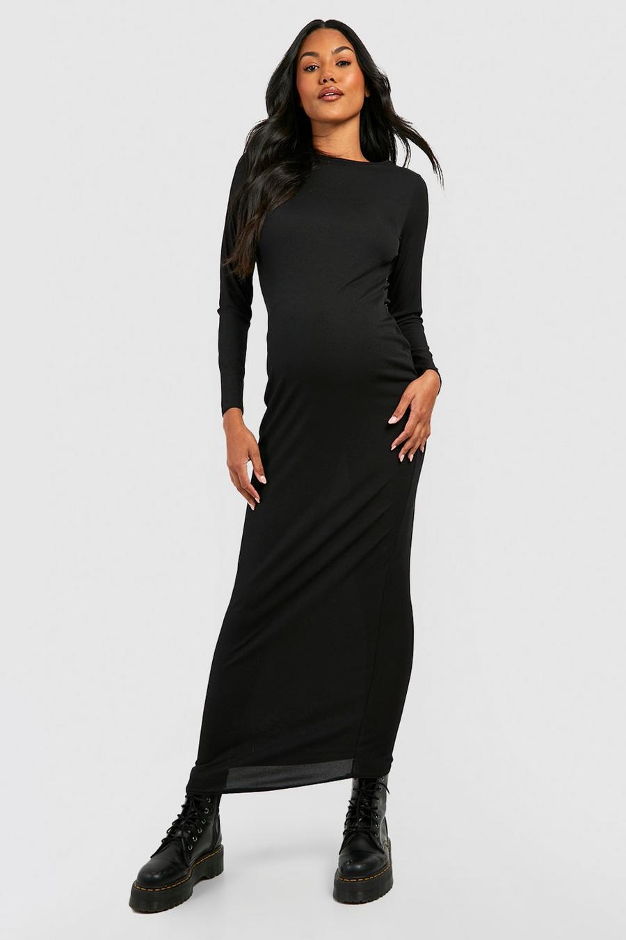 Black Maternity Contour Rib Long Sleeve Maxi Dress image number 1