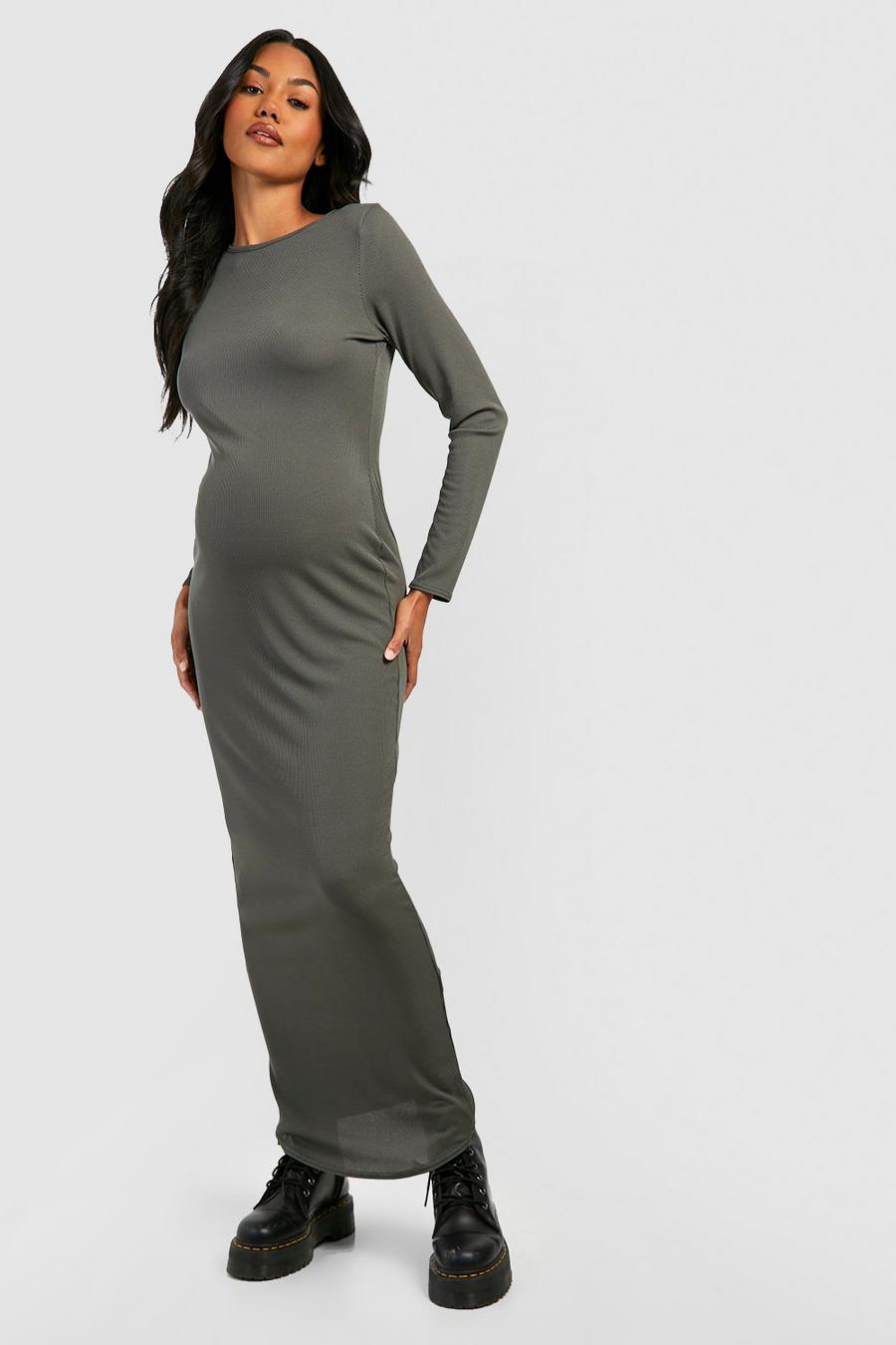 Khaki Maternity Contour Rib Long Sleeve Maxi Dress