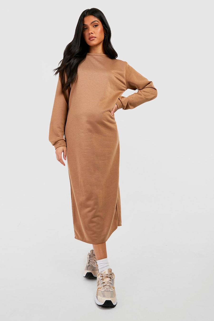 Umstandsmode langes Sweatshirt-Kleid mit Schlitz-Detail, Camel image number 1