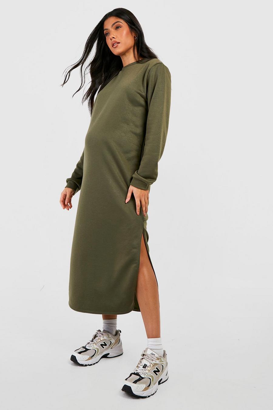 Khaki Maternity Longline Split Detail Sweatshirt Dress