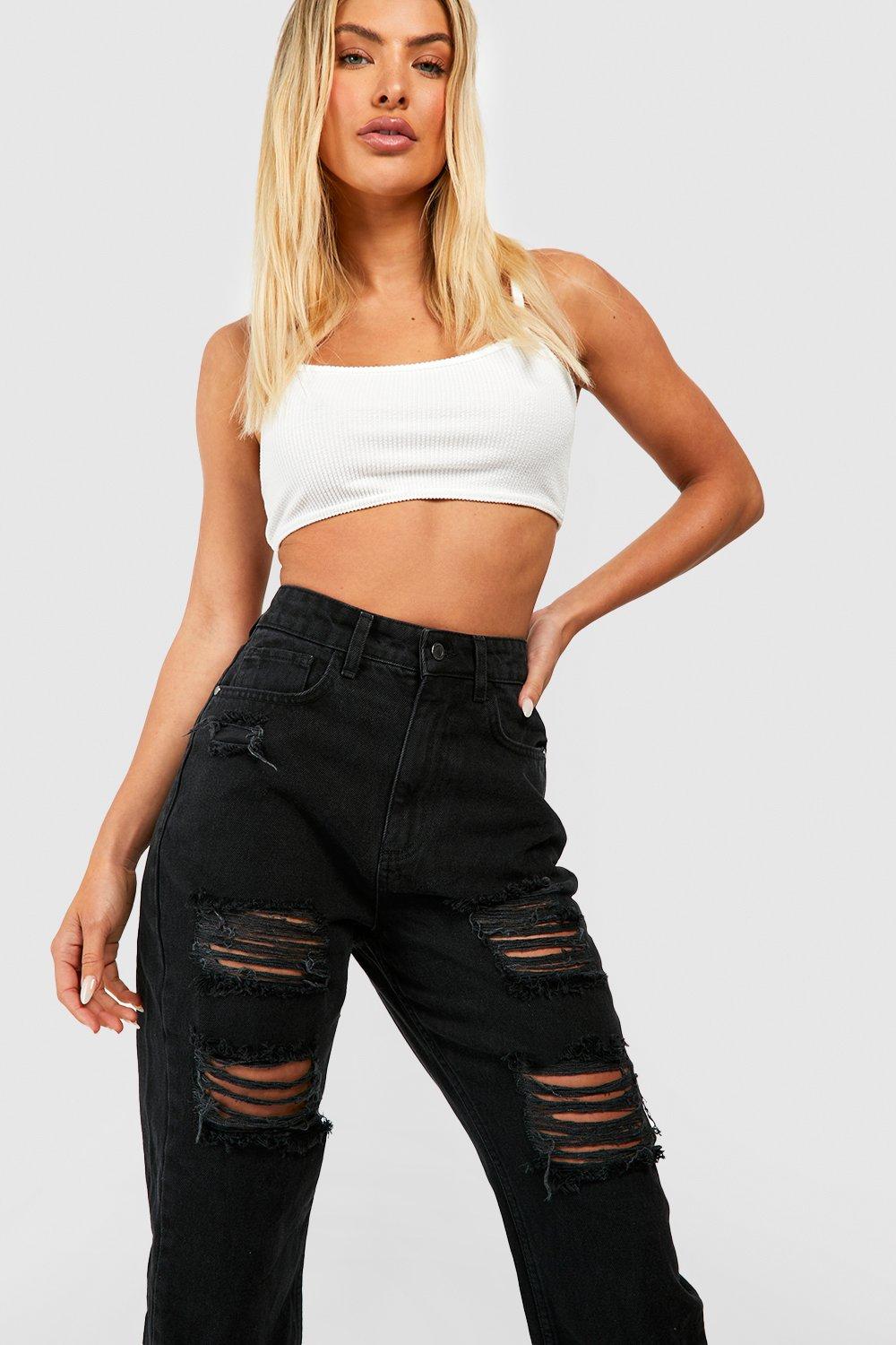 PLT Washed Black Ripped Mom Jeans