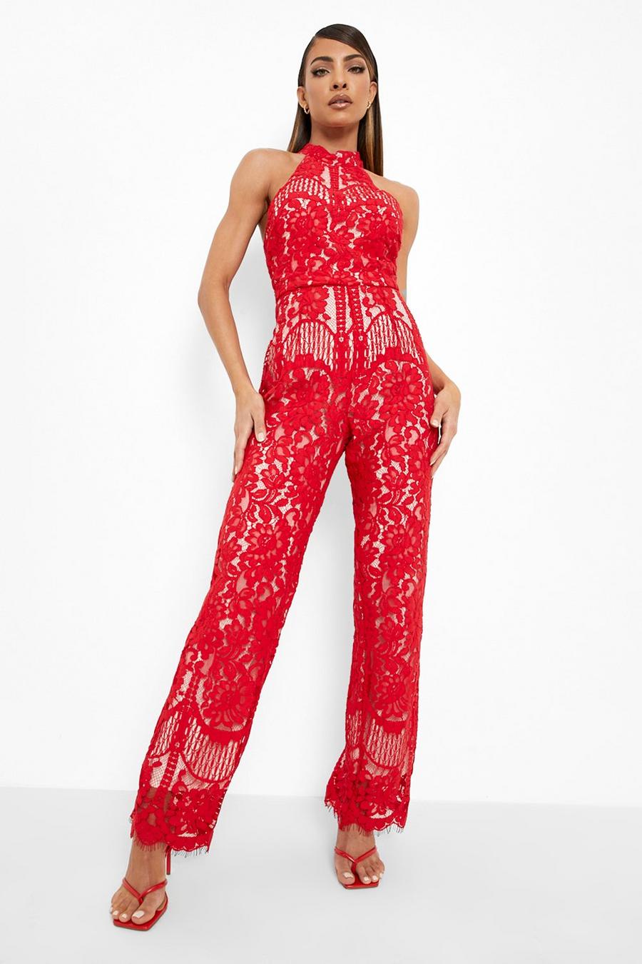 Red Lace Halter Neck Sleeveless Jumpsuit