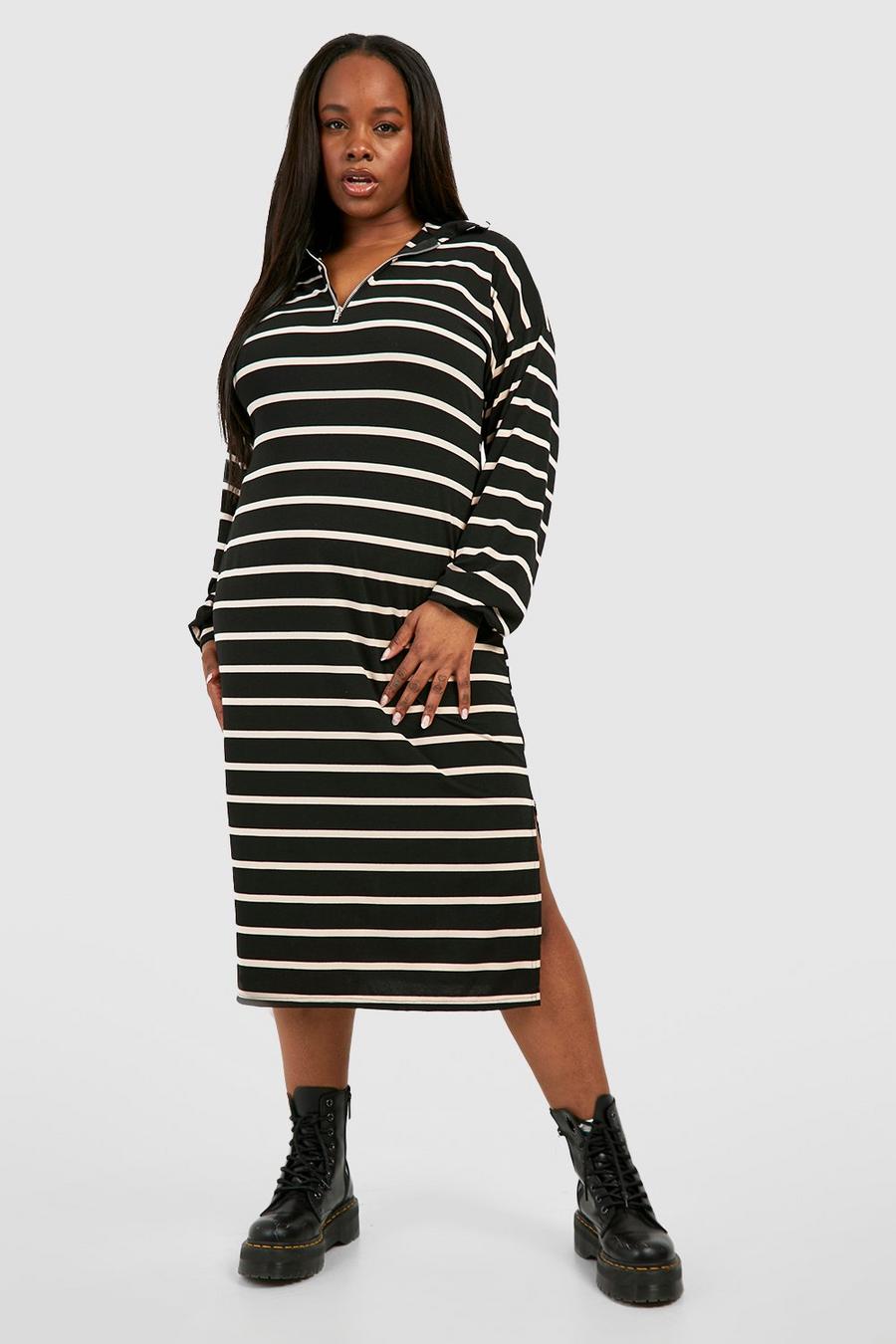 Black Plus Jersey Knit Stripe Half Zip Collar Midi Dress image number 1
