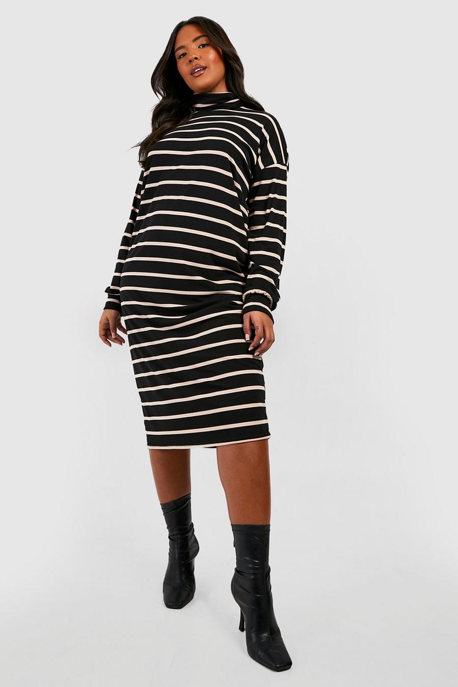 Black Plus Jersey Stripe Roll Neck Midi Dress image number 1