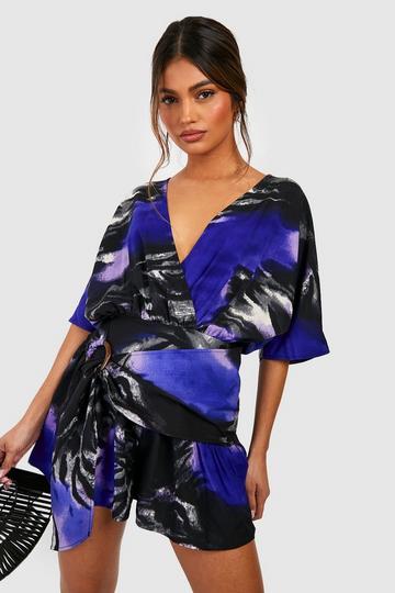 Purple Printed Wrap Over Romper