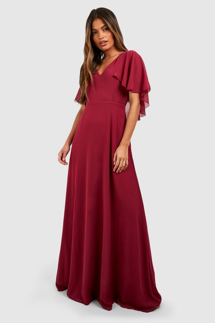 Berry Chiffon Cape Sleeve Maxi Bridesmaid Dress image number 1