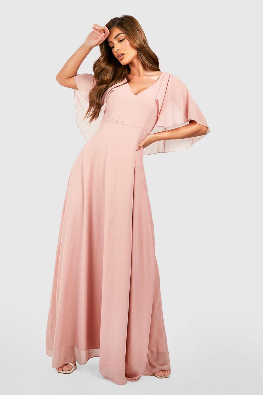Blush rosa Chiffon Cape Sleeve Maxi Bridesmaid Dress image number 1