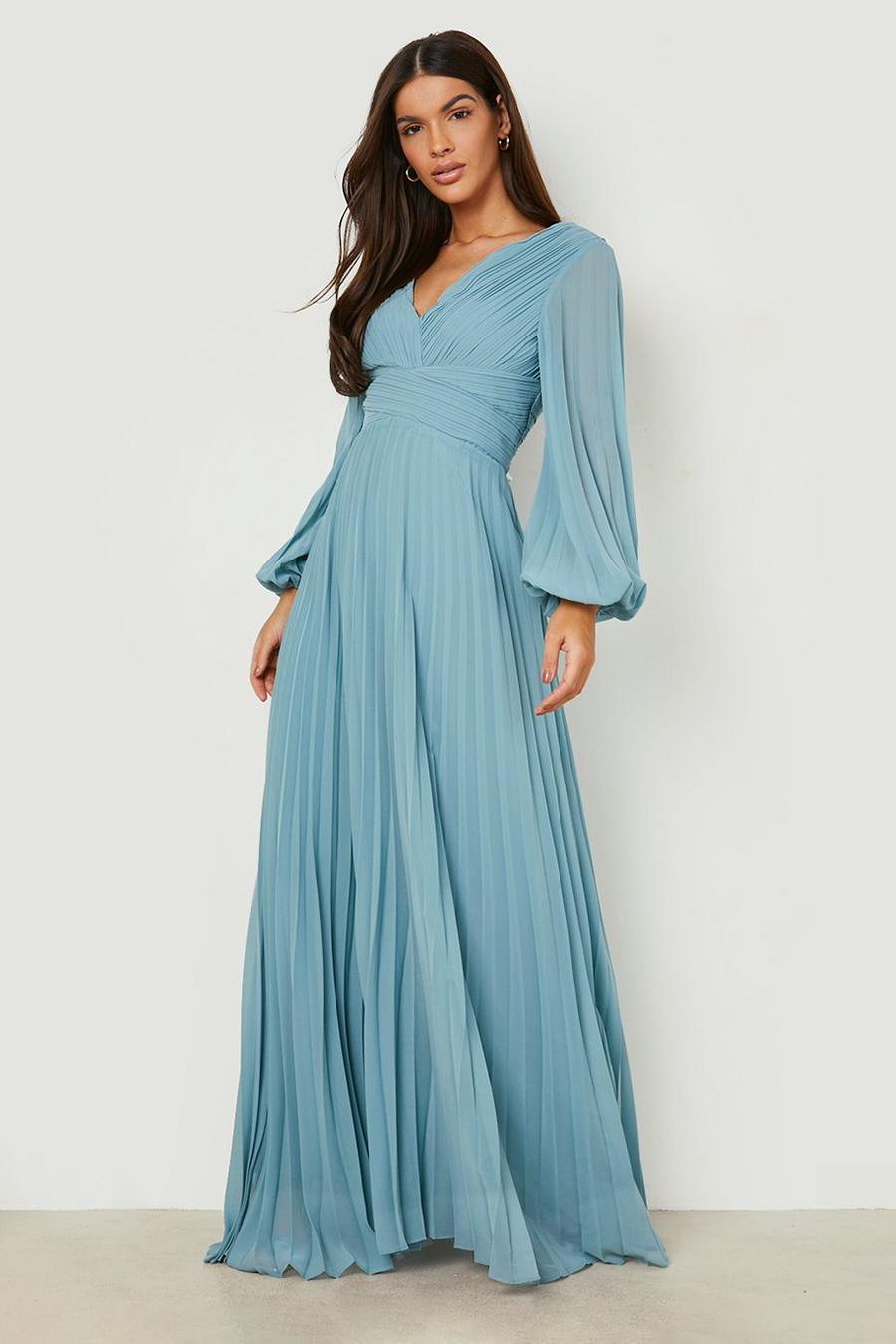 Blue Pleated Plunge Wrap Maxi Dress image number 1