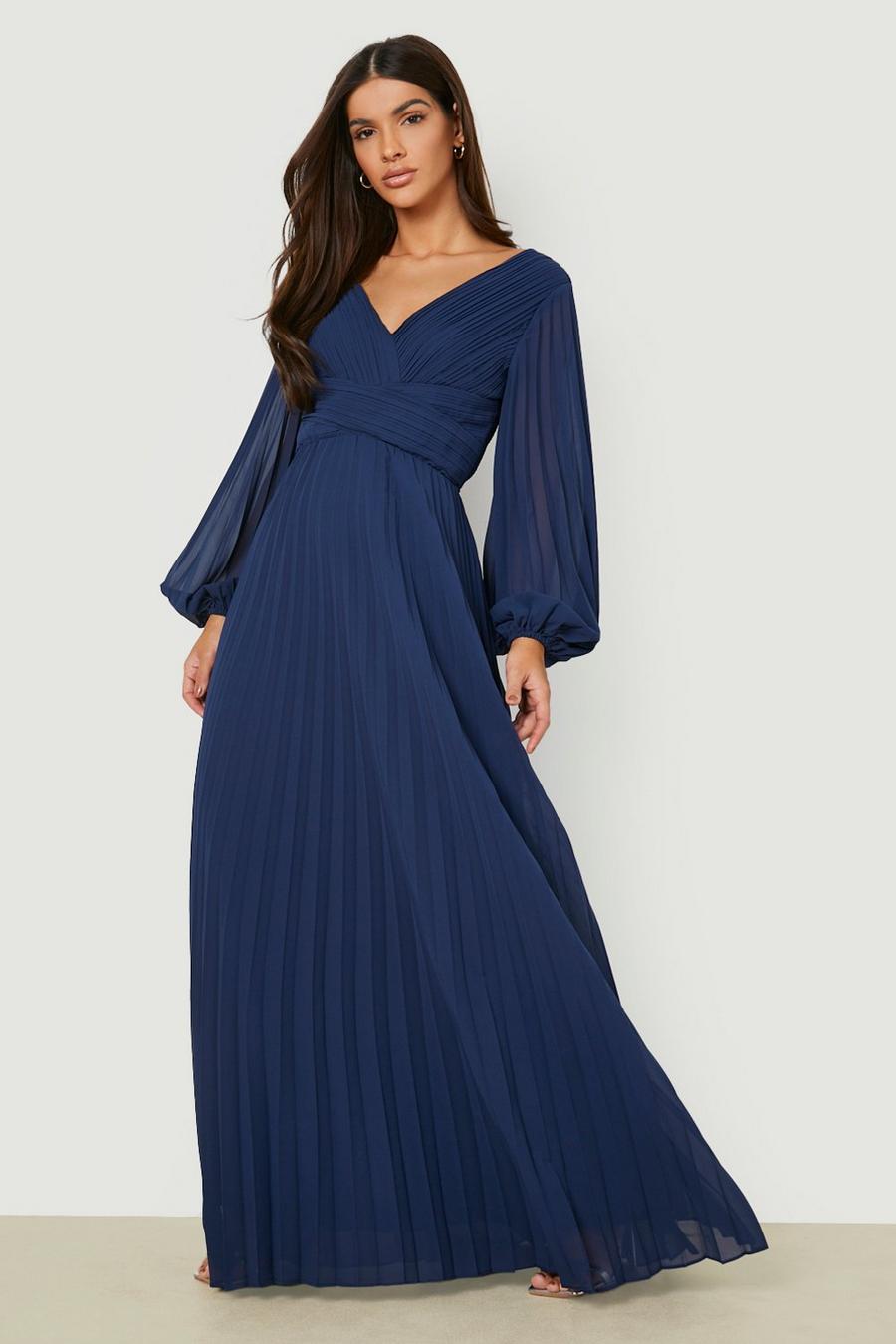 Navy Pleated Plunge Wrap Maxi Dress
