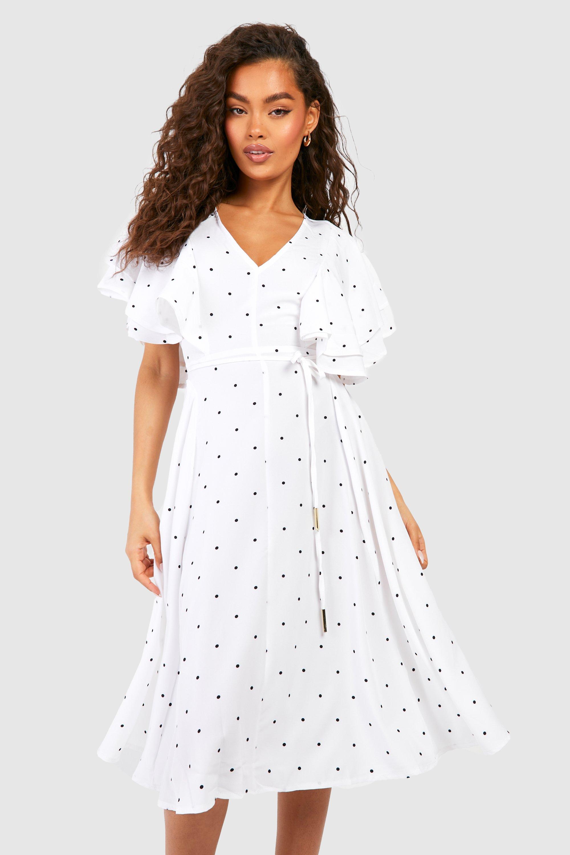 Midi Polka Dot Ruffle Angel Sleeve Midi Dress