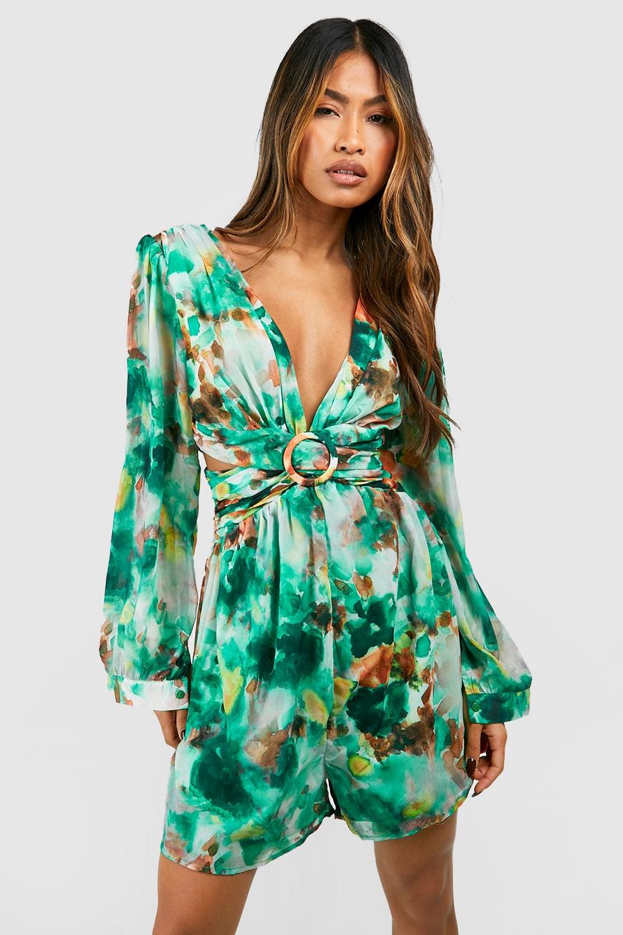 Green Blommig playsuit med cut out