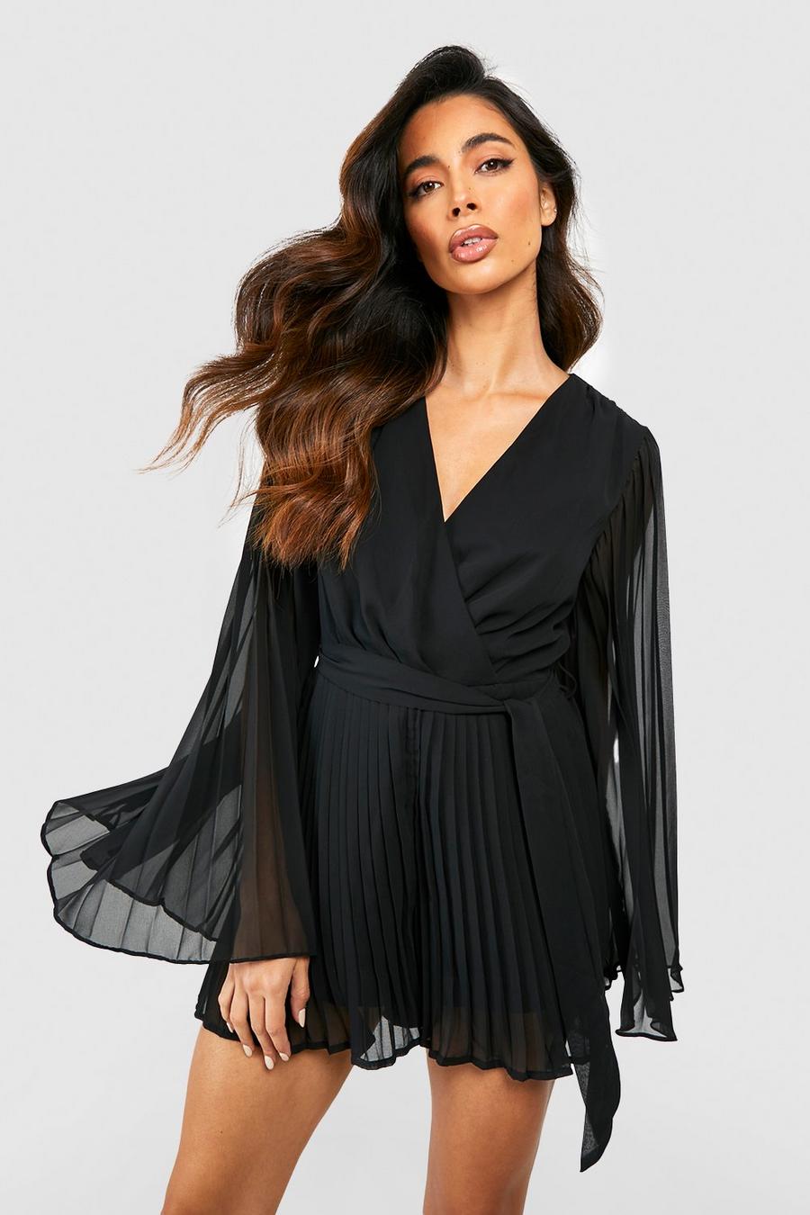 Black Pleated Chiffon Wrap Playsuit