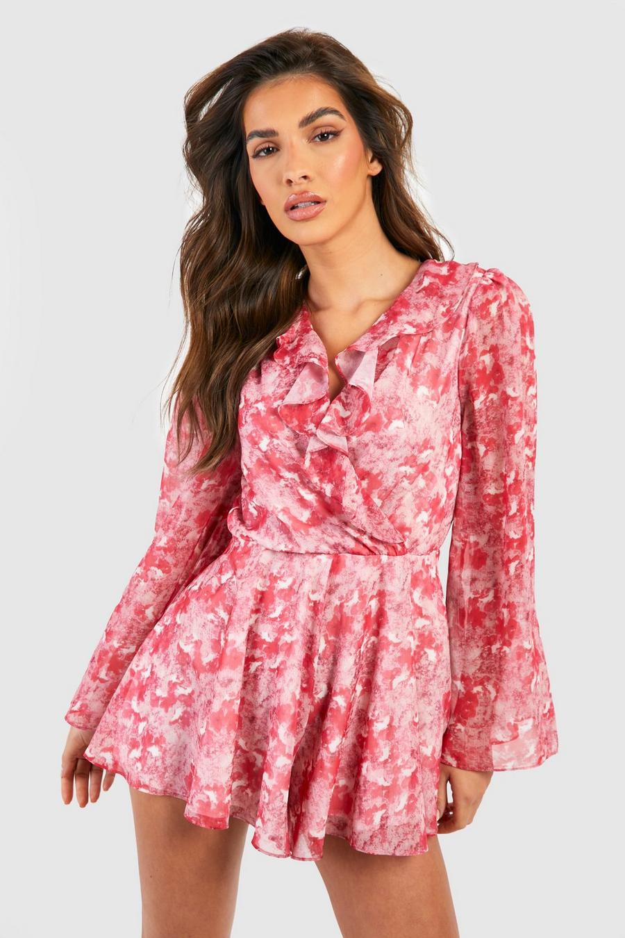Floral Frill Detail Playsuit , Pink rosa
