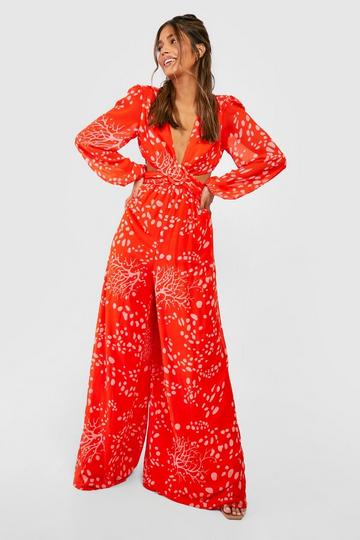 Orange Cut Out Printed Wide Leg Jumpsuit