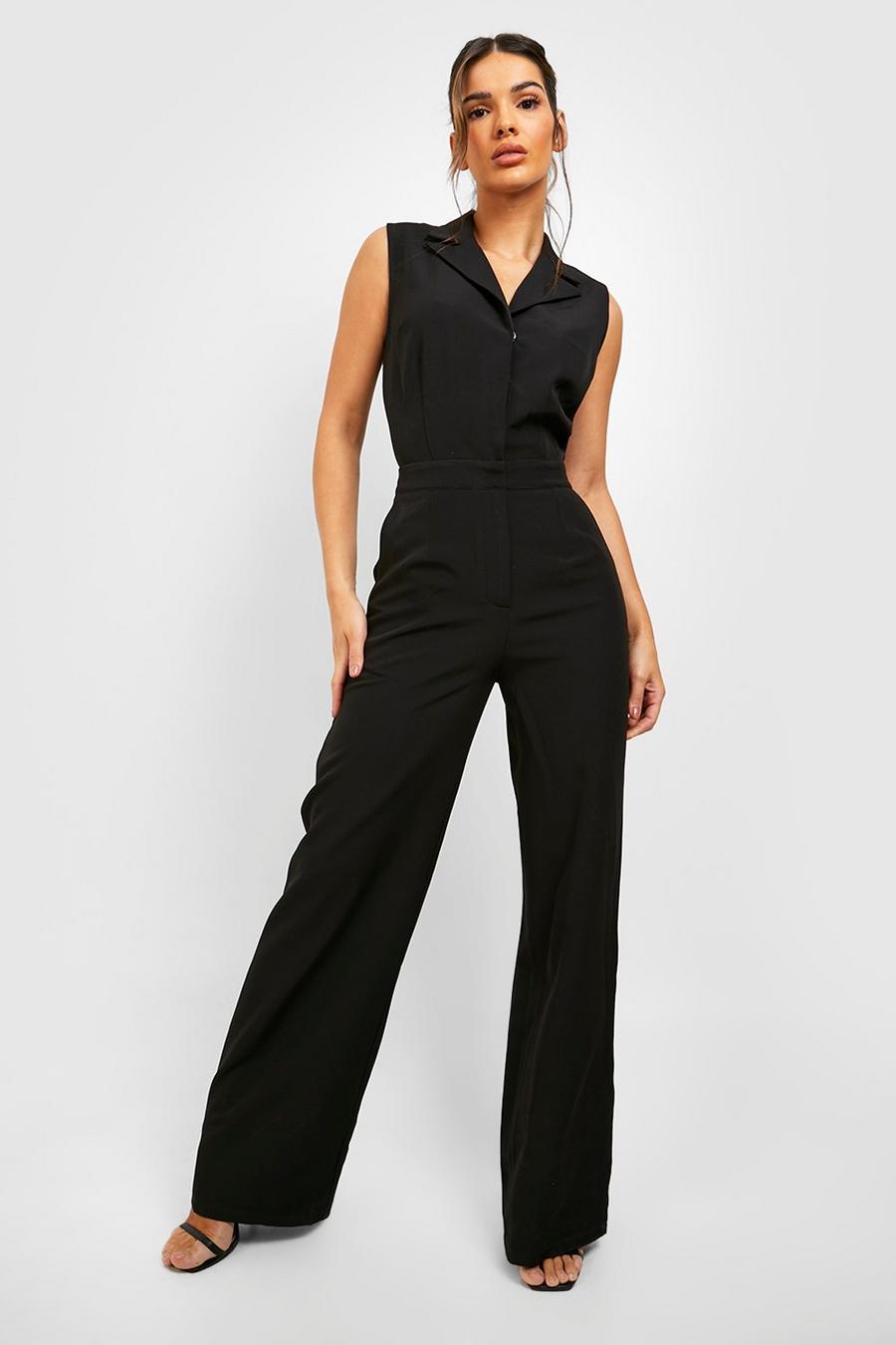 Black Collared Wide Leg Jumpsuit