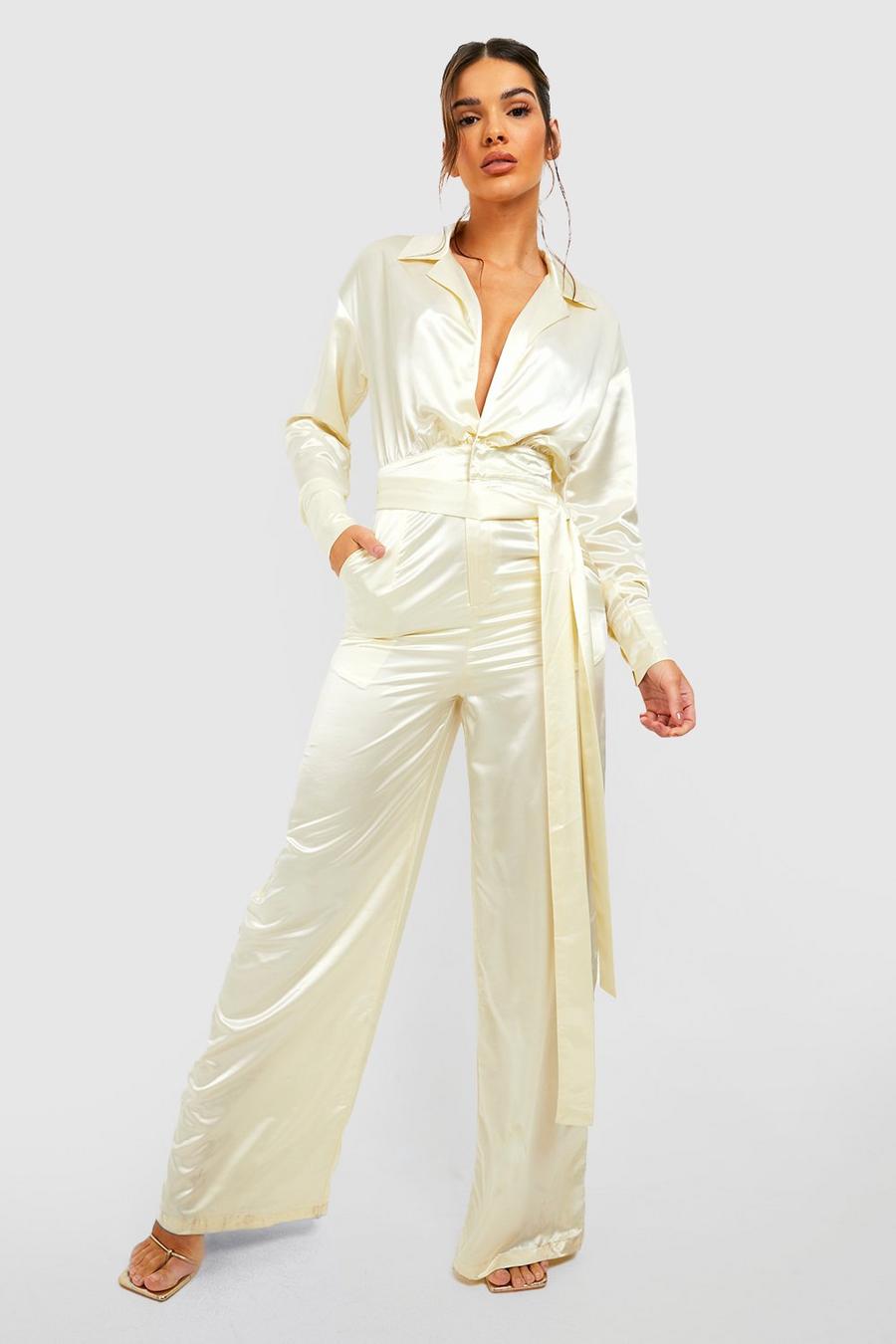 Ivory white Collared Satin Wide Leg Jumpsuit