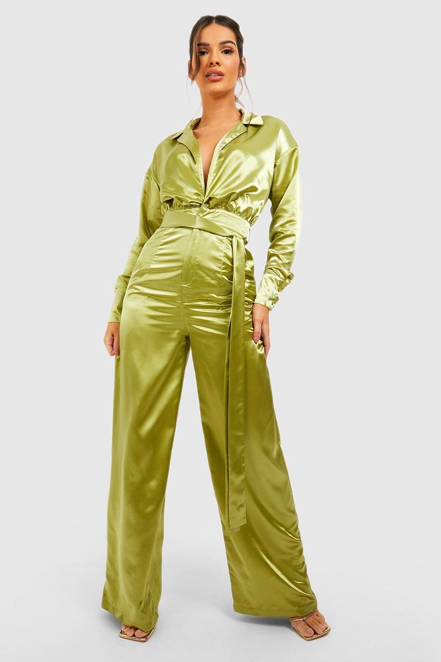 Lime Collared Satin Wide Leg Jumpsuit image number 1