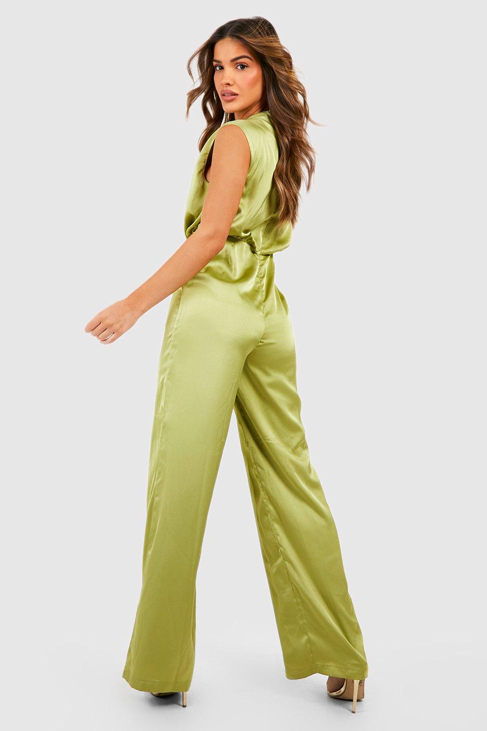 ASOS LUXE embellished fluted sleeve flared jumpsuit in lime