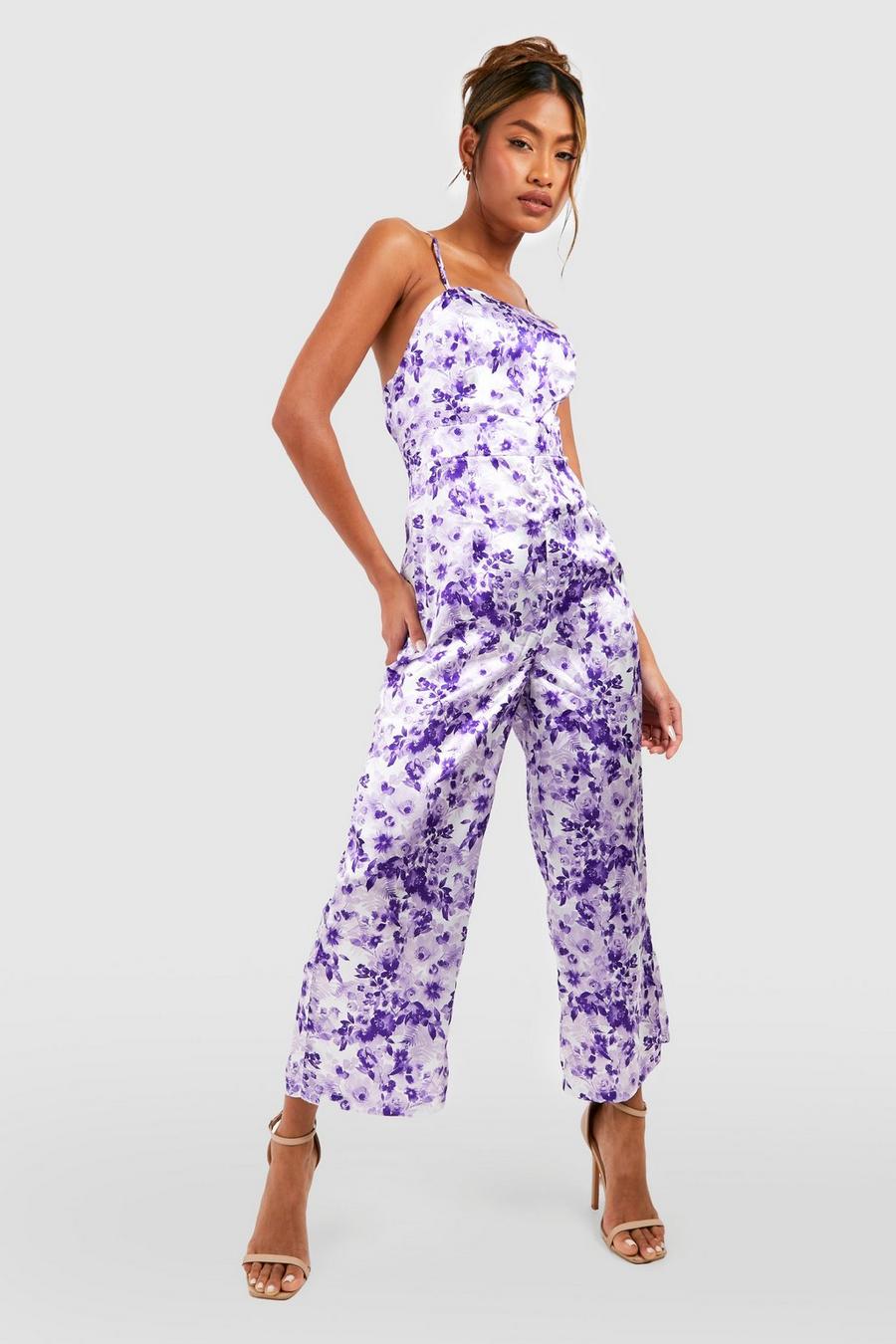 Purple Strappy Back Satin Printed Culotte Jumpsuit image number 1