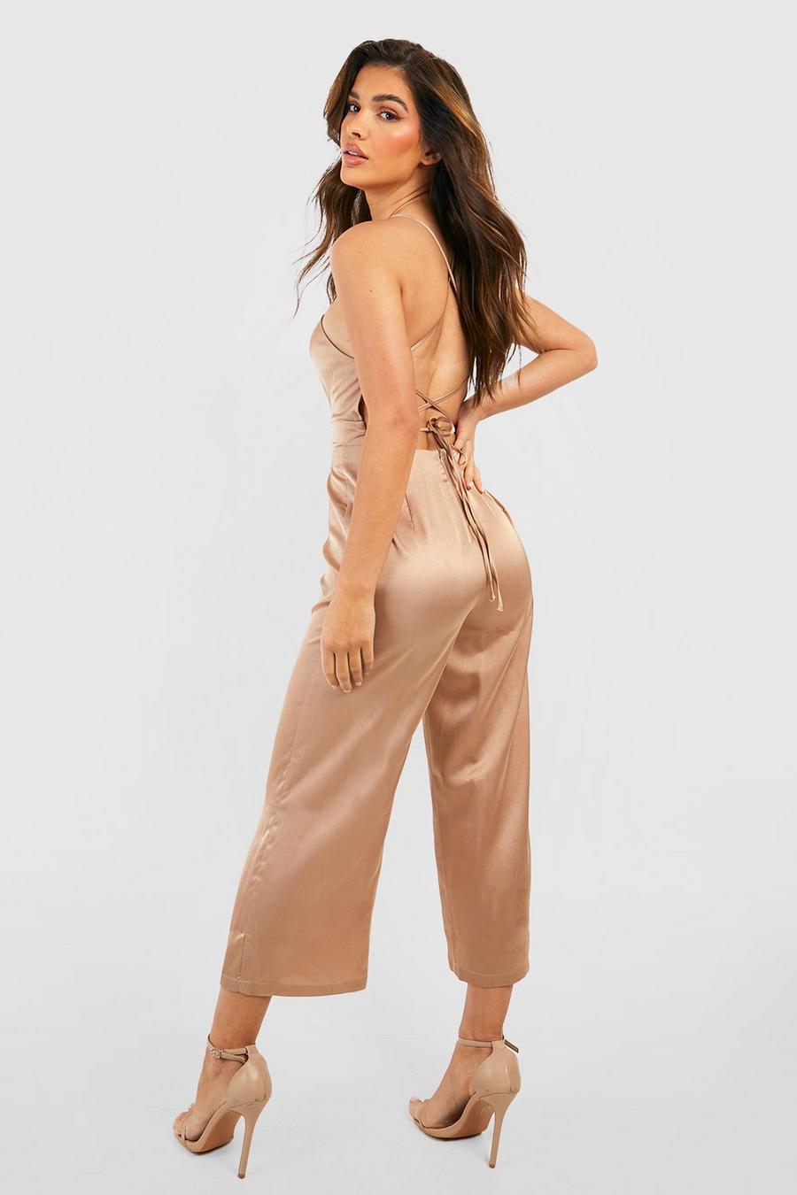 Champagne Strappy Back Satin Wide Leg Jumpsuit