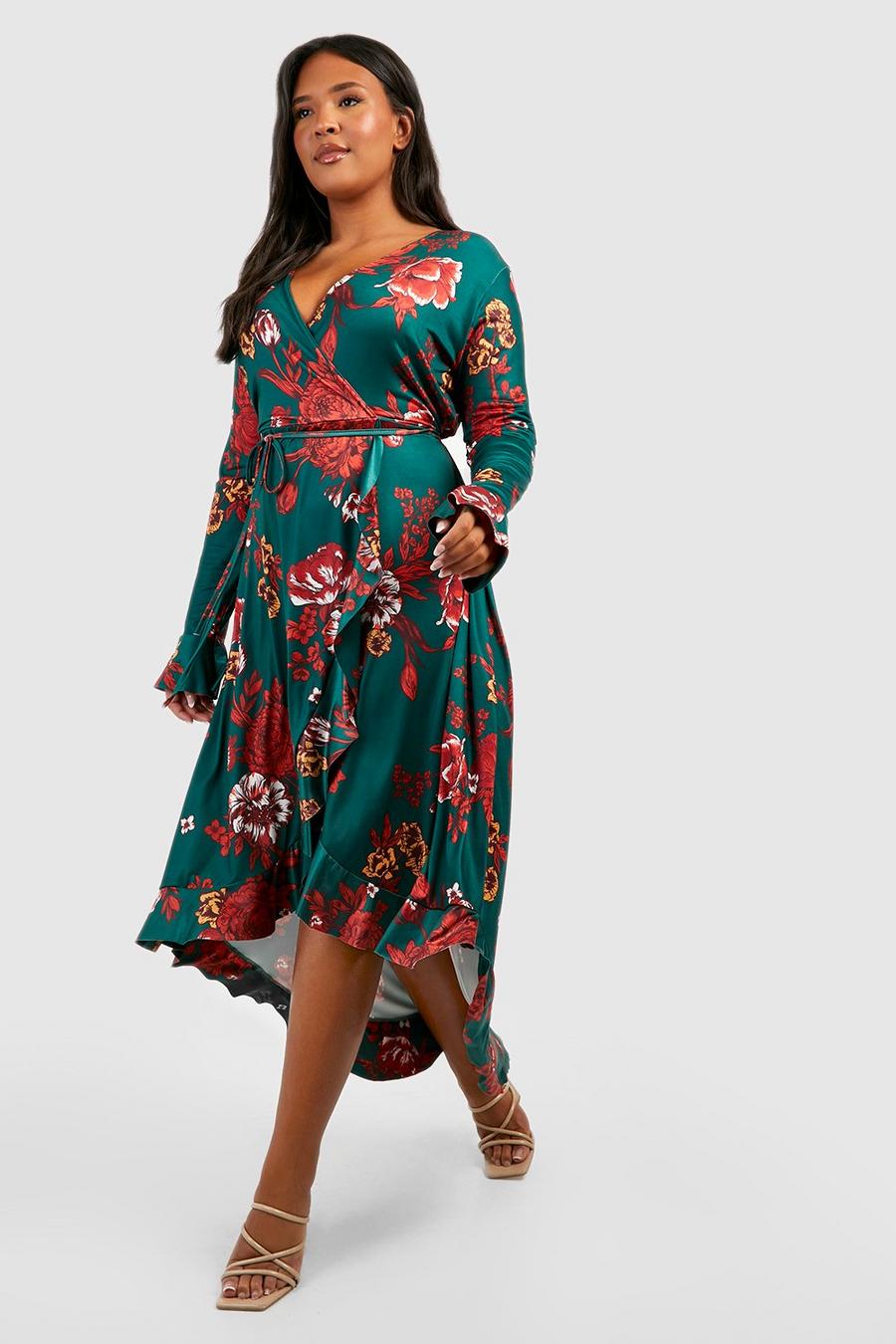 Green Plus Slinky Floral Ruffle Wrap Dress  image number 1