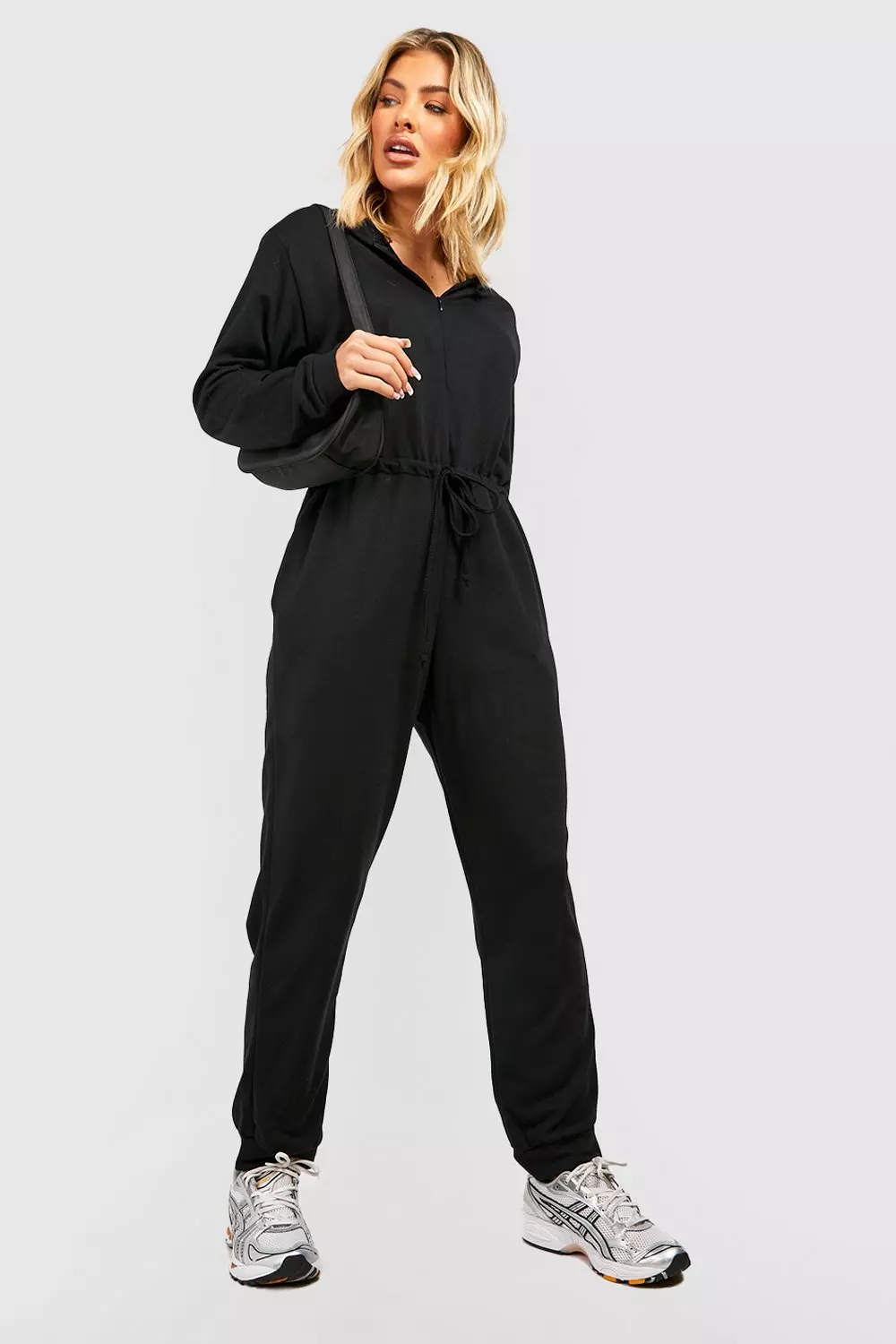 Black Long Sleeve Hooded Sweat Jumpsuit