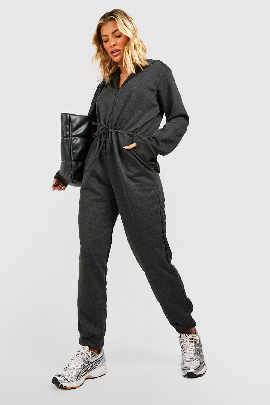 Charcoal grey Sweat Tie Waist Hooded Jumpsuit image number 1