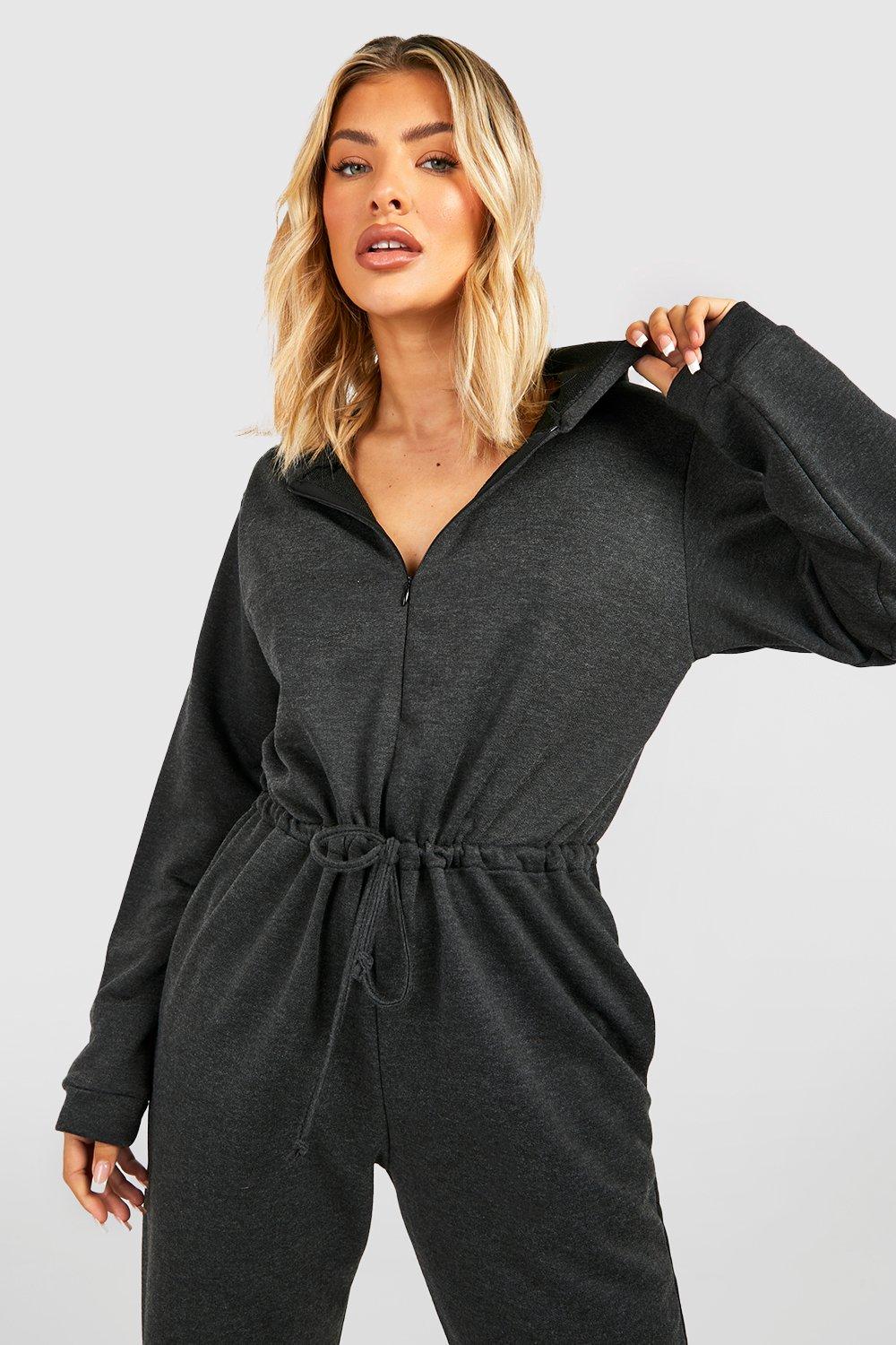 Sweat Tie Waist Hooded Jumpsuit | boohoo