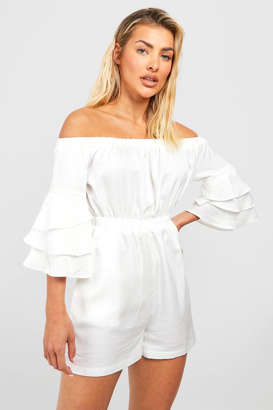 Ivory white Satin Off The Shoulder Frill Detail Playsuit 