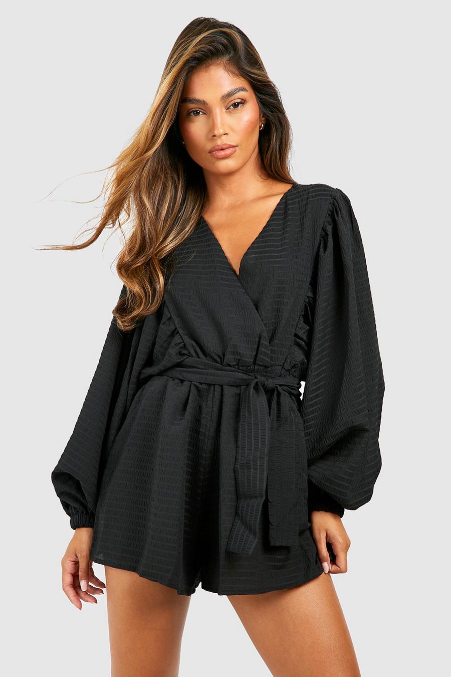 Black Textured Wrap Over Playsuit image number 1