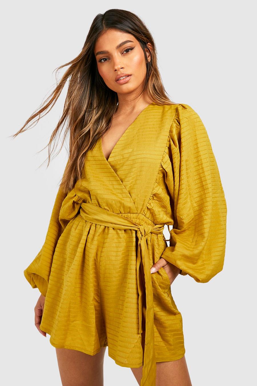 Olive Textured Wrap Over Romper