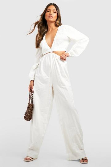 Linen Look Cut Out Wide Leg Jumpsuit ivory