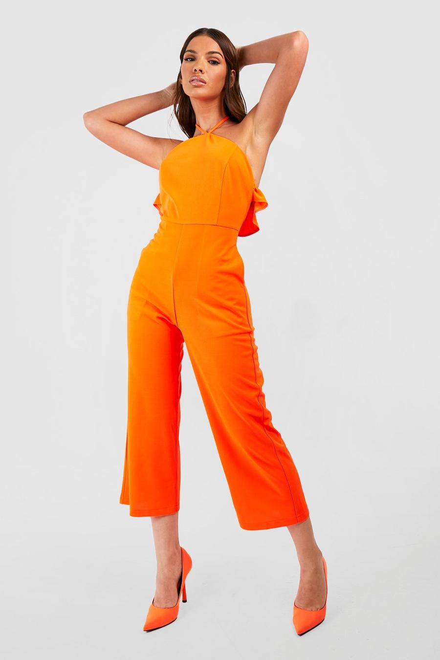 Orange Halter Neck Frill Detail Culotte Jumpsuit