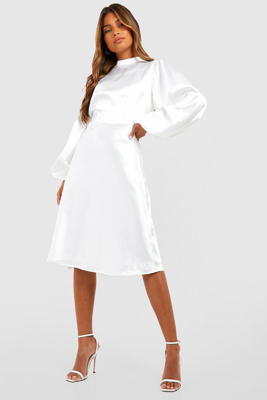 White Satin Long Sleeve Midi Dress image number 1