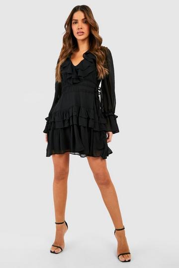 Gathered Waist Ruffle Detail Skater Dress black