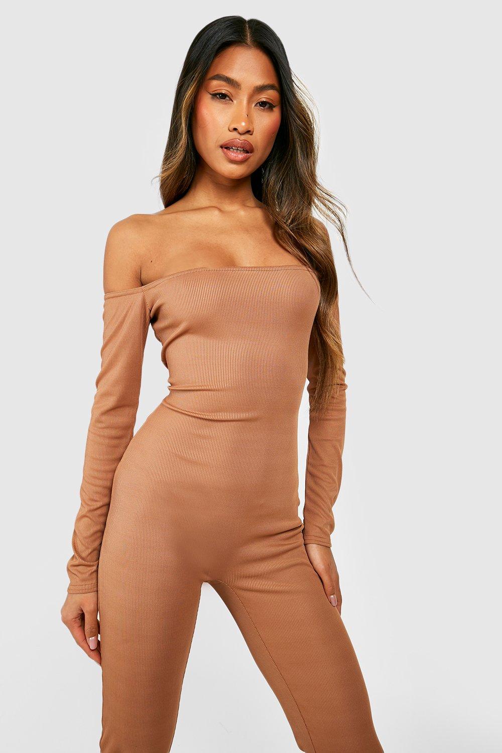 Off The Shoulder Rib Unitard Jumpsuit