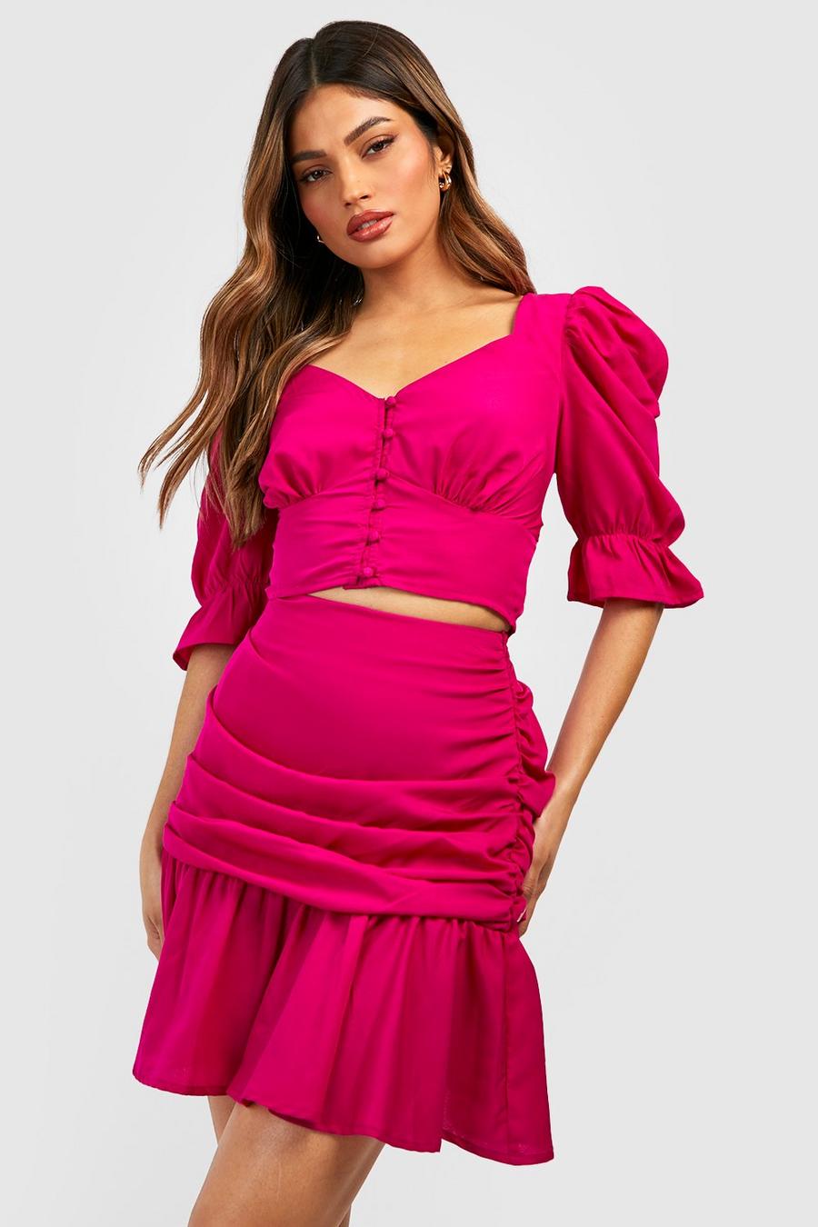 Hot pink Puff Sleeve Top & Ruched Mini Skirt