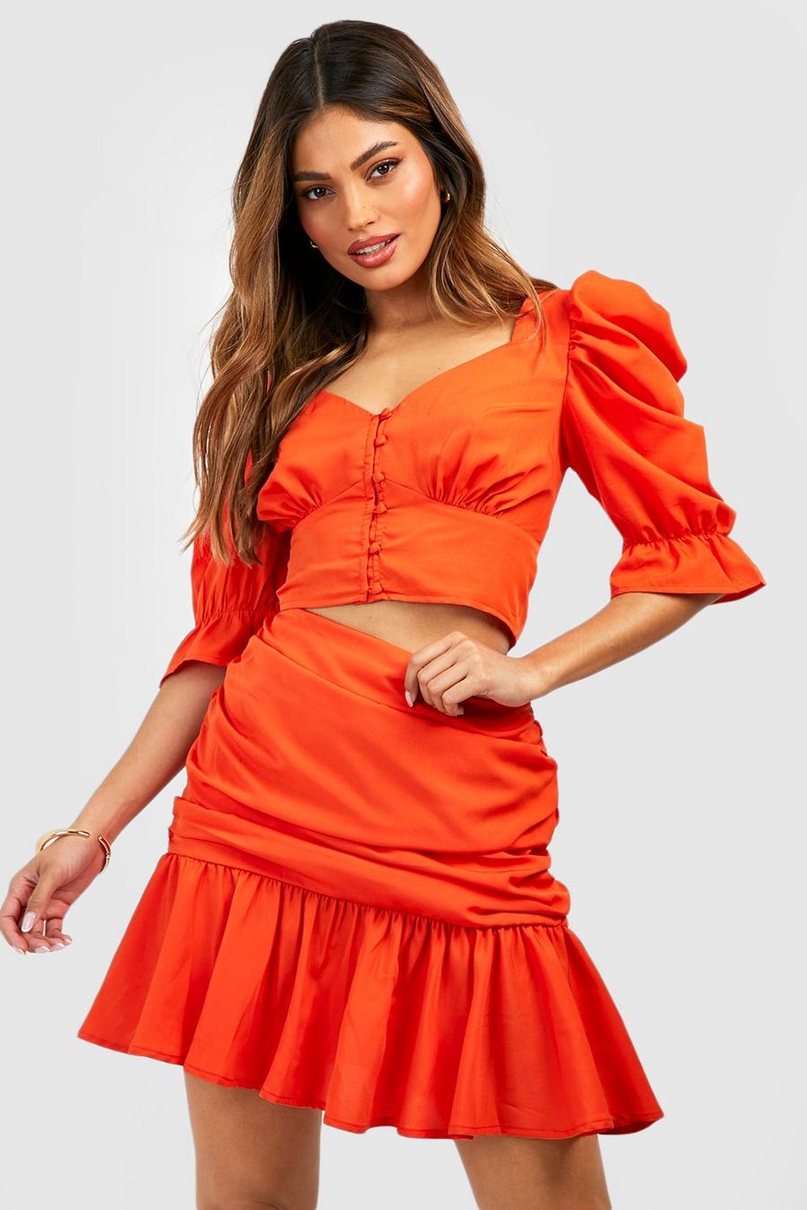 Puff Sleeve Top & Ruched Mini Skirt, Orange