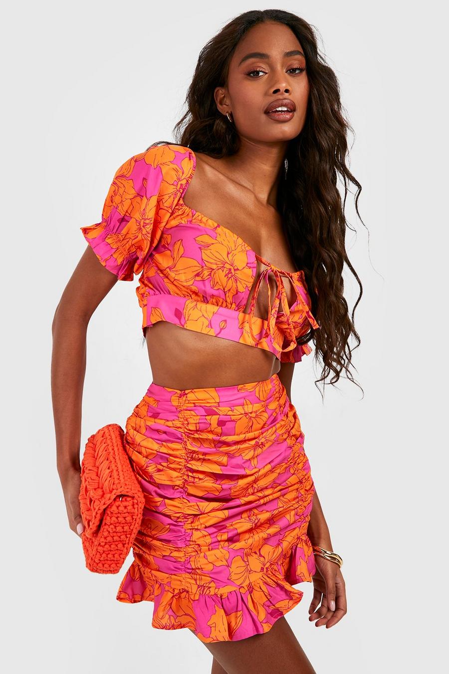 Orange Floral Puff Sleeve Crop & Ruched Mini Skirt image number 1