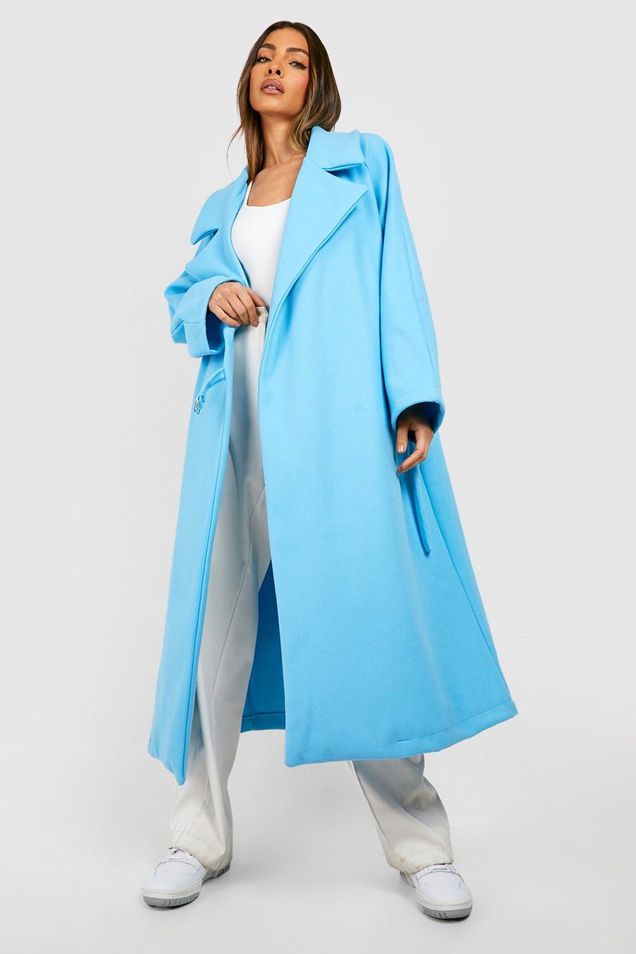 Light blue Oversized Belt Detail Wool Look Coat
