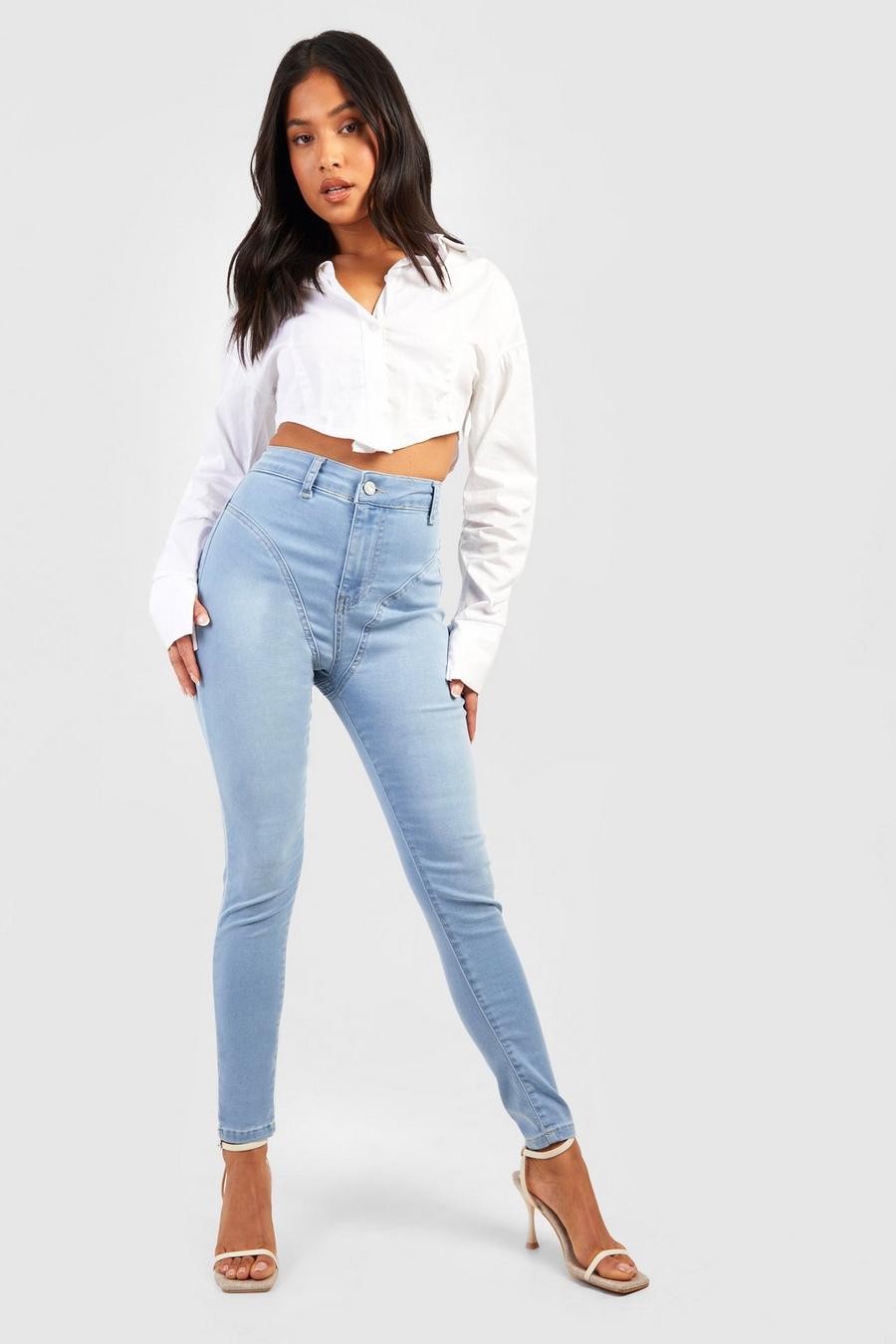 Jeans Skinny Fit Petite a vita alta modellanti con cuciture, Light wash image number 1