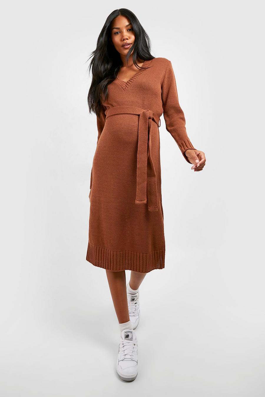 Toffee Maternity V Neck Sweater Midi Dress image number 1