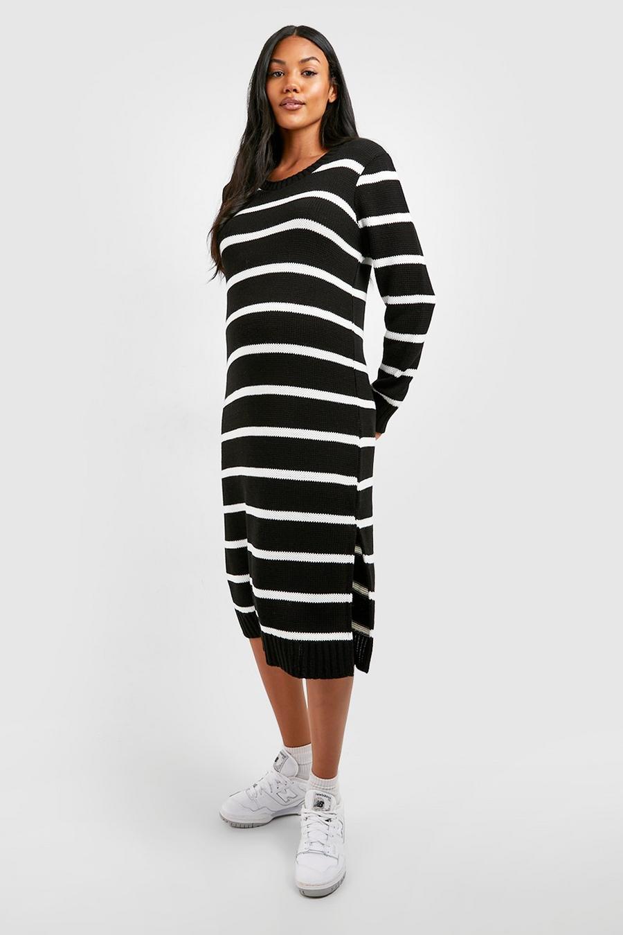 Black Maternity Stripe Crew Neck Sweater Midi Dress