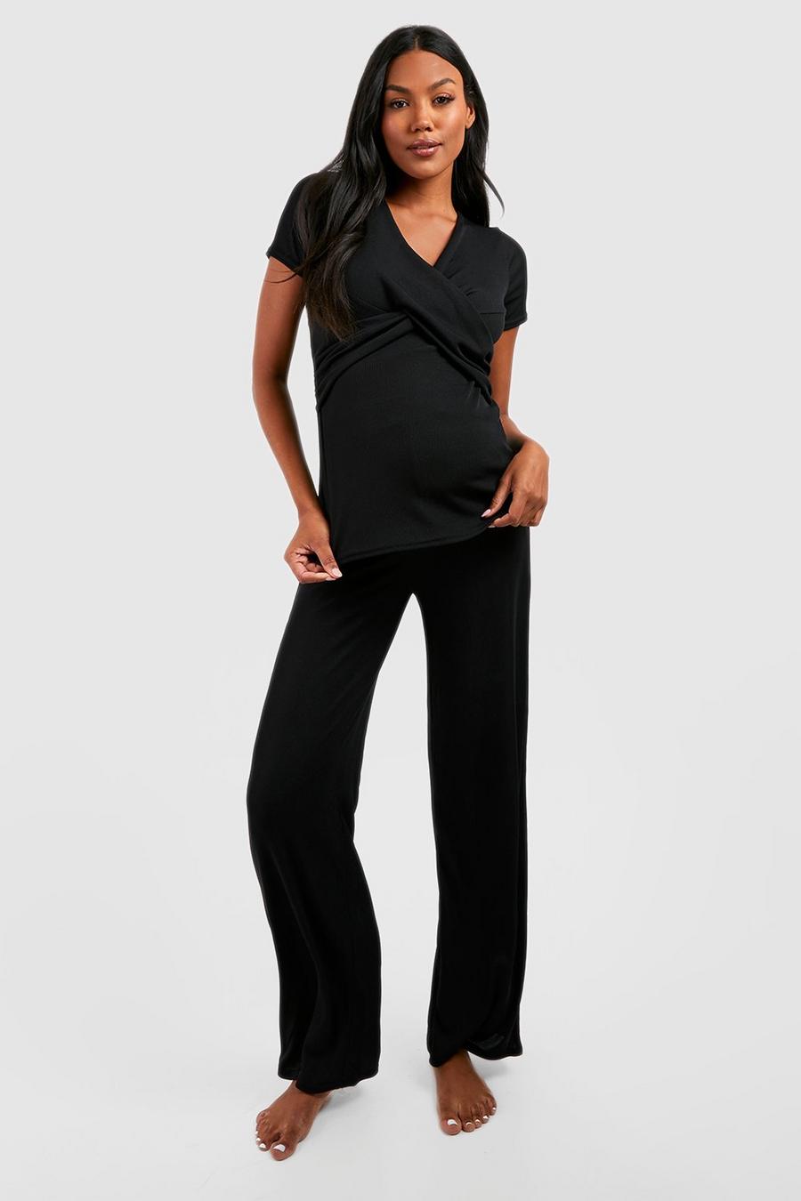 Black Maternity Rib Wrap Nursing Pyjama Trouser Set image number 1
