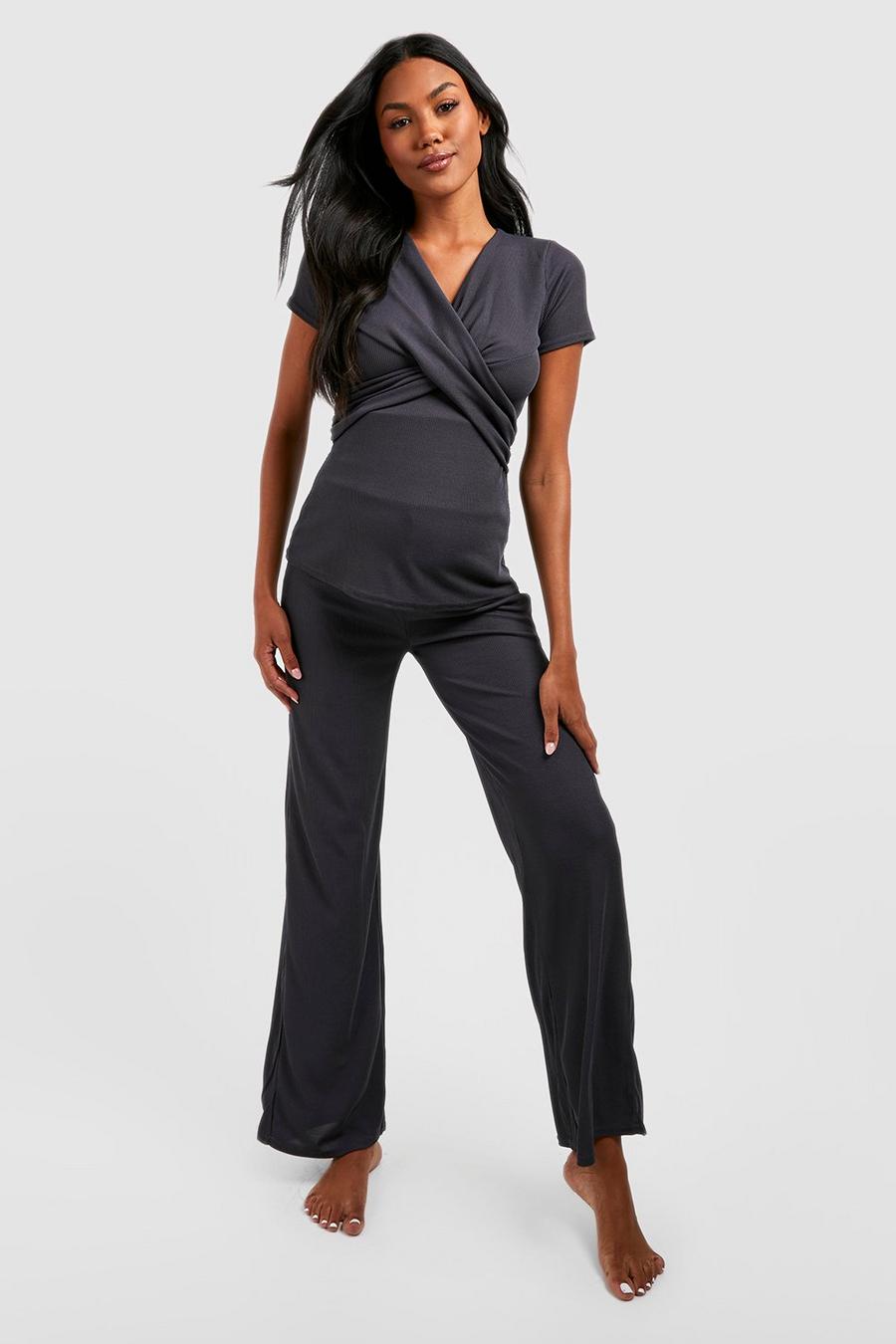 Charcoal grey Maternity Rib Wrap Nursing Pajama Pants Set