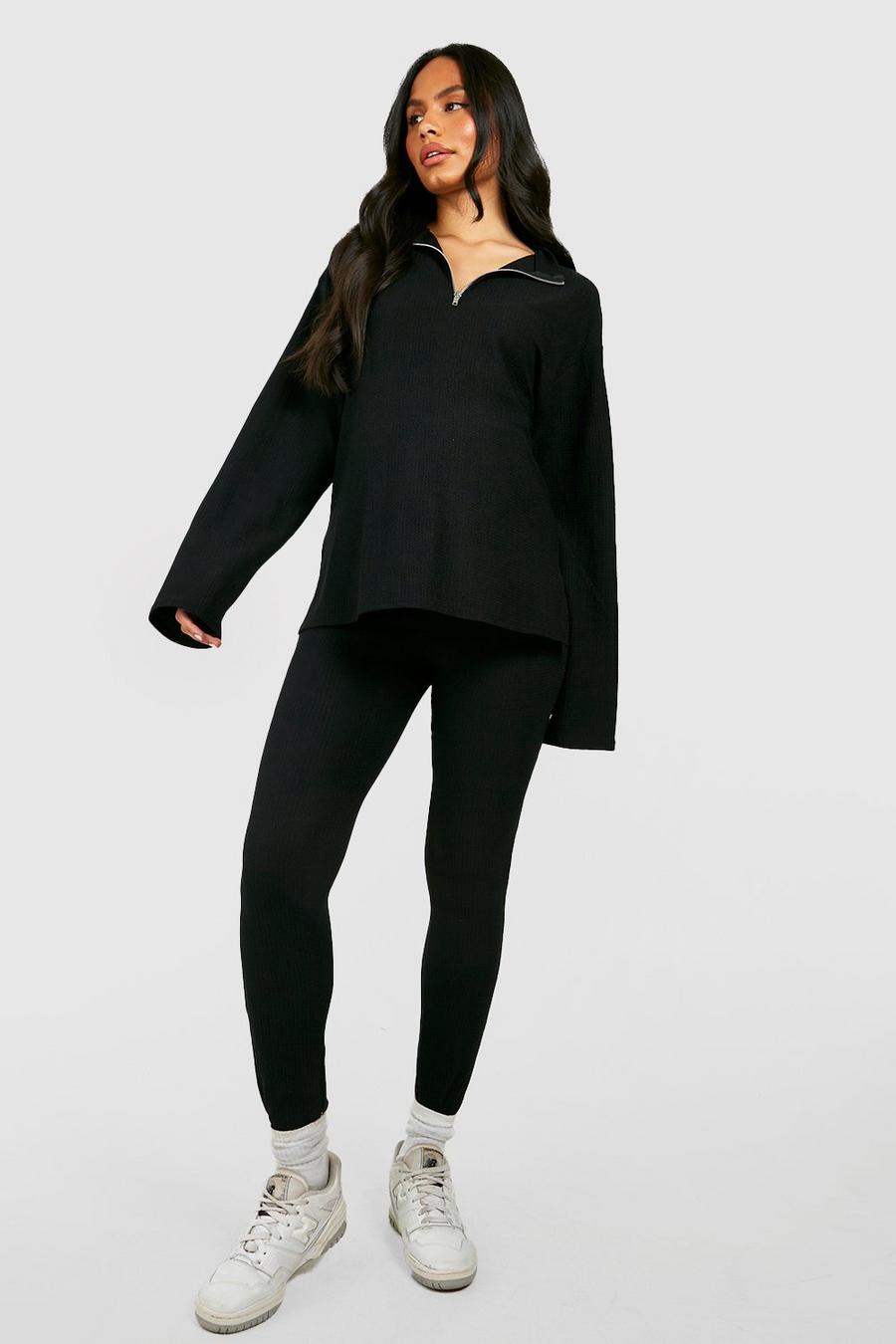 Black Maternity Textured Rib Half Zip Top And Legging Coord image number 1